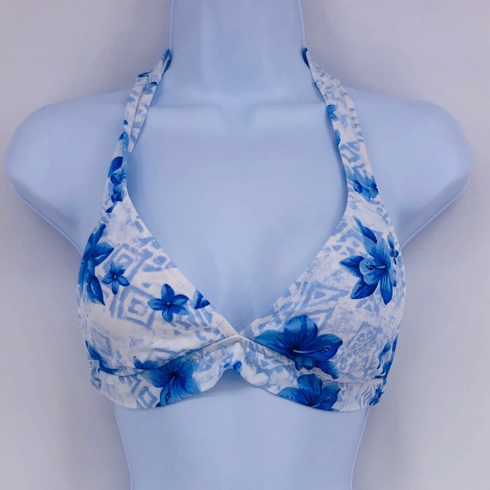 De La Mer Bikini Halter Top White and Blue Floral